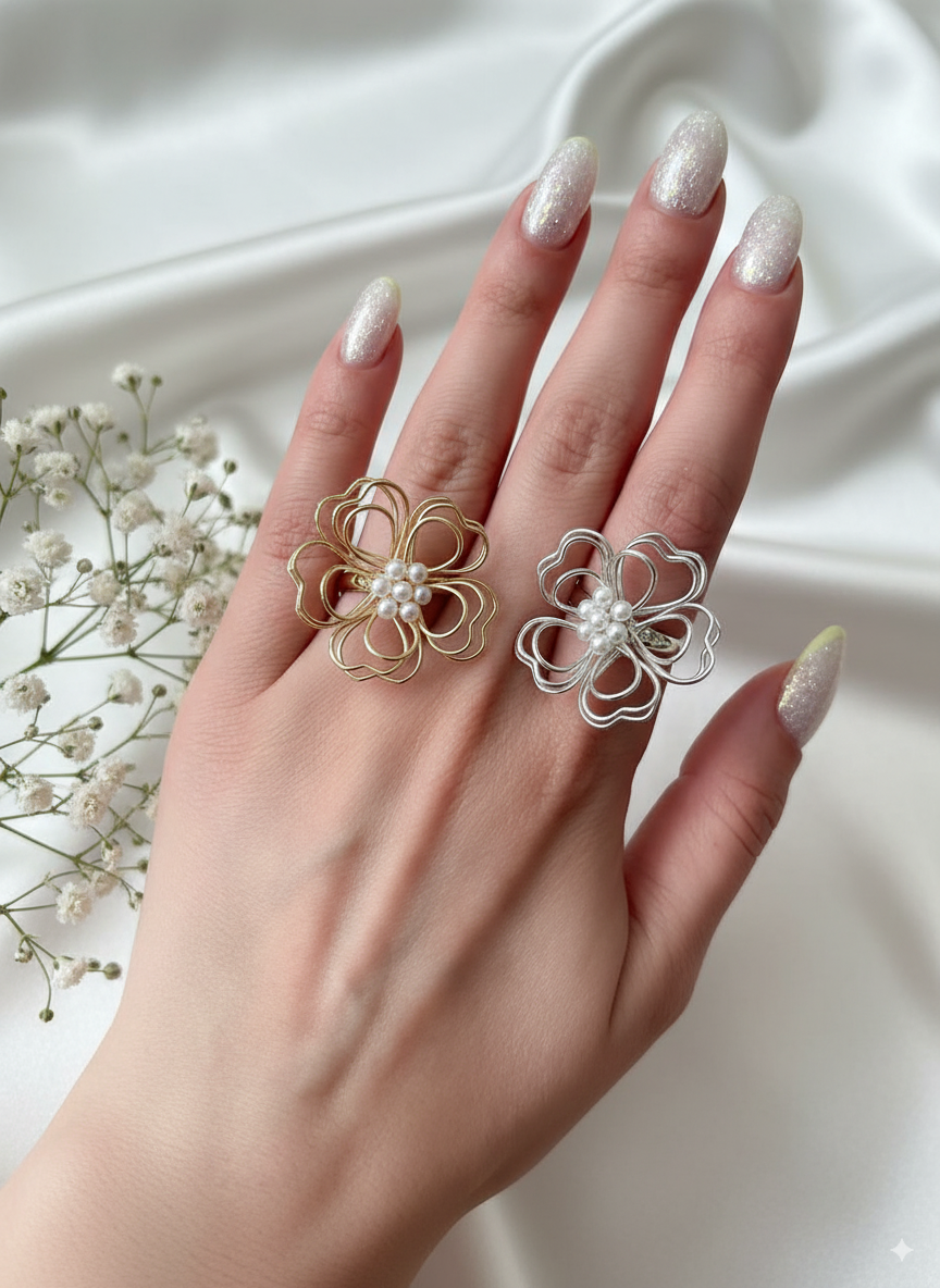 انگشتر مدل شکوفه مرواریدی جنس برنج و آبکاری رودیوم